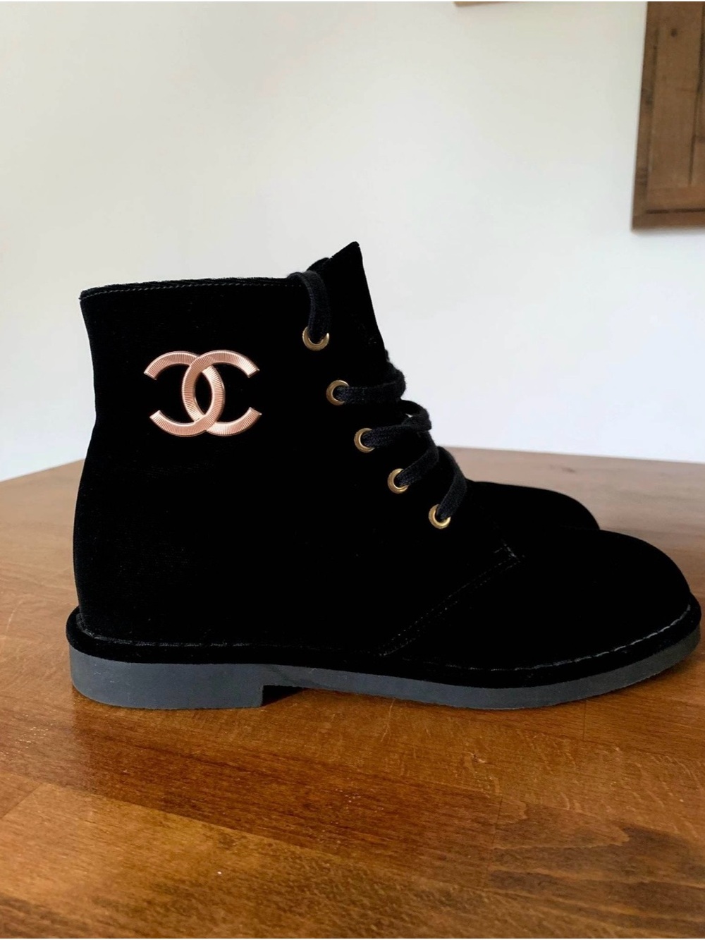 CHANEL Black Velvet Lace-Up Ankle Boots with Gold Logo. BNWT
